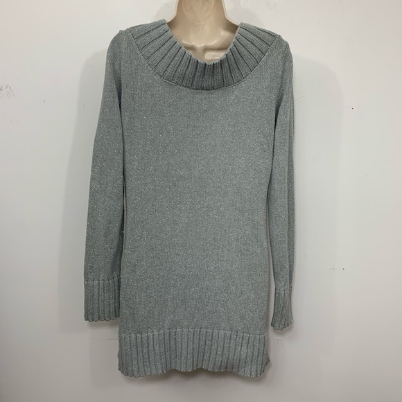 DKNY jeans cable knit v-neck gray silver sweater L - Picture 2 of 8